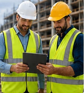 Two contractors in hi-vis vests and hard hats reviewing bids on a tablet