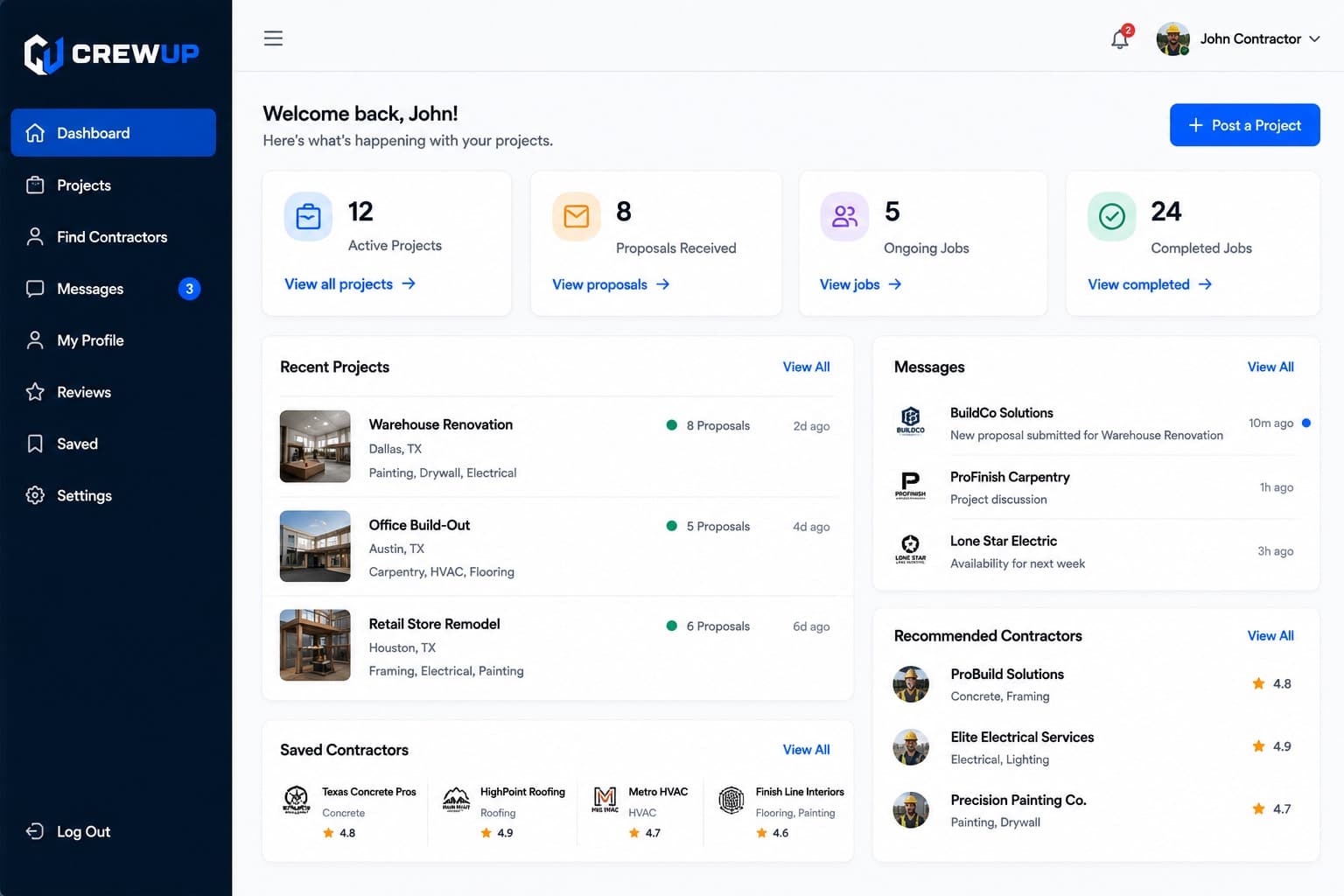 The CrewUp dashboard showing active projects, messages, saved contractors, and recent project activity
