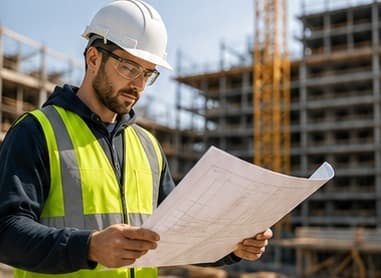 Subcontractor in a hard hat reviewing blueprints on a construction site