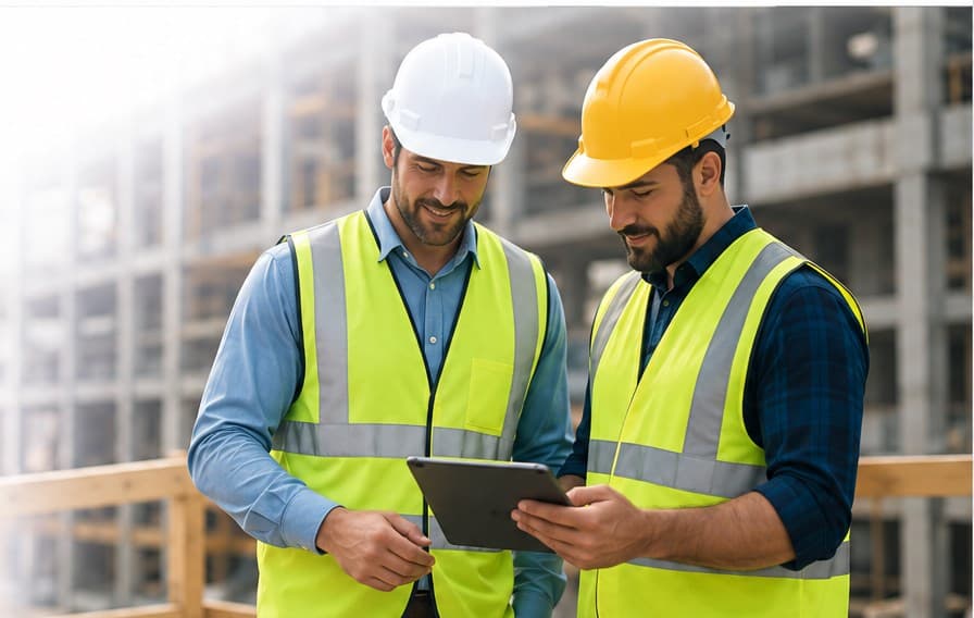 Two contractors in hi-vis vests and hard hats reviewing a project on a tablet at a construction site